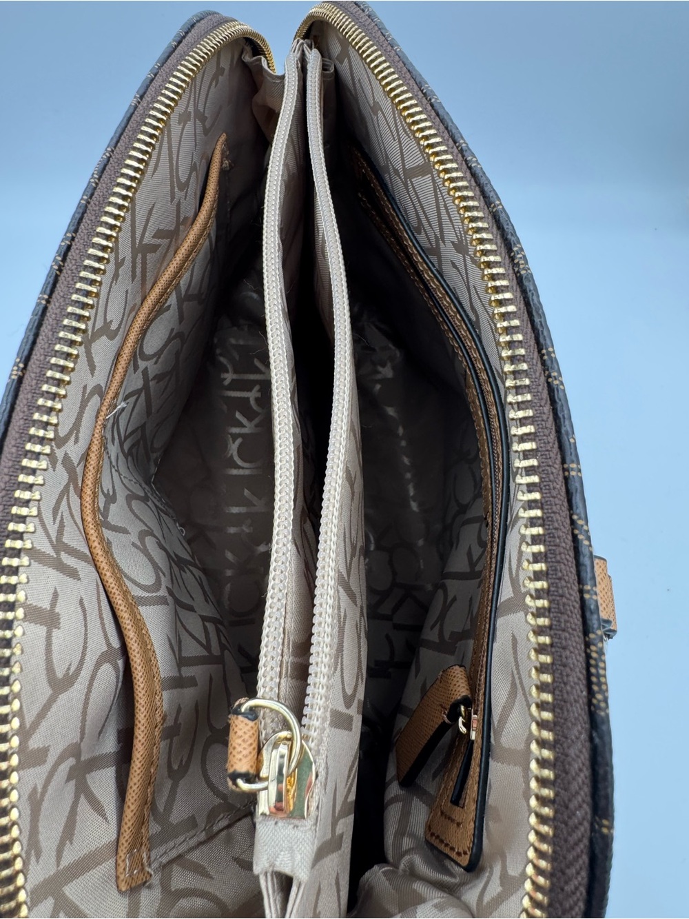 Calvin Klein Signature Dome Satchel- Brown Monogram Pattern with Tan Trim - Picture 12 of 14